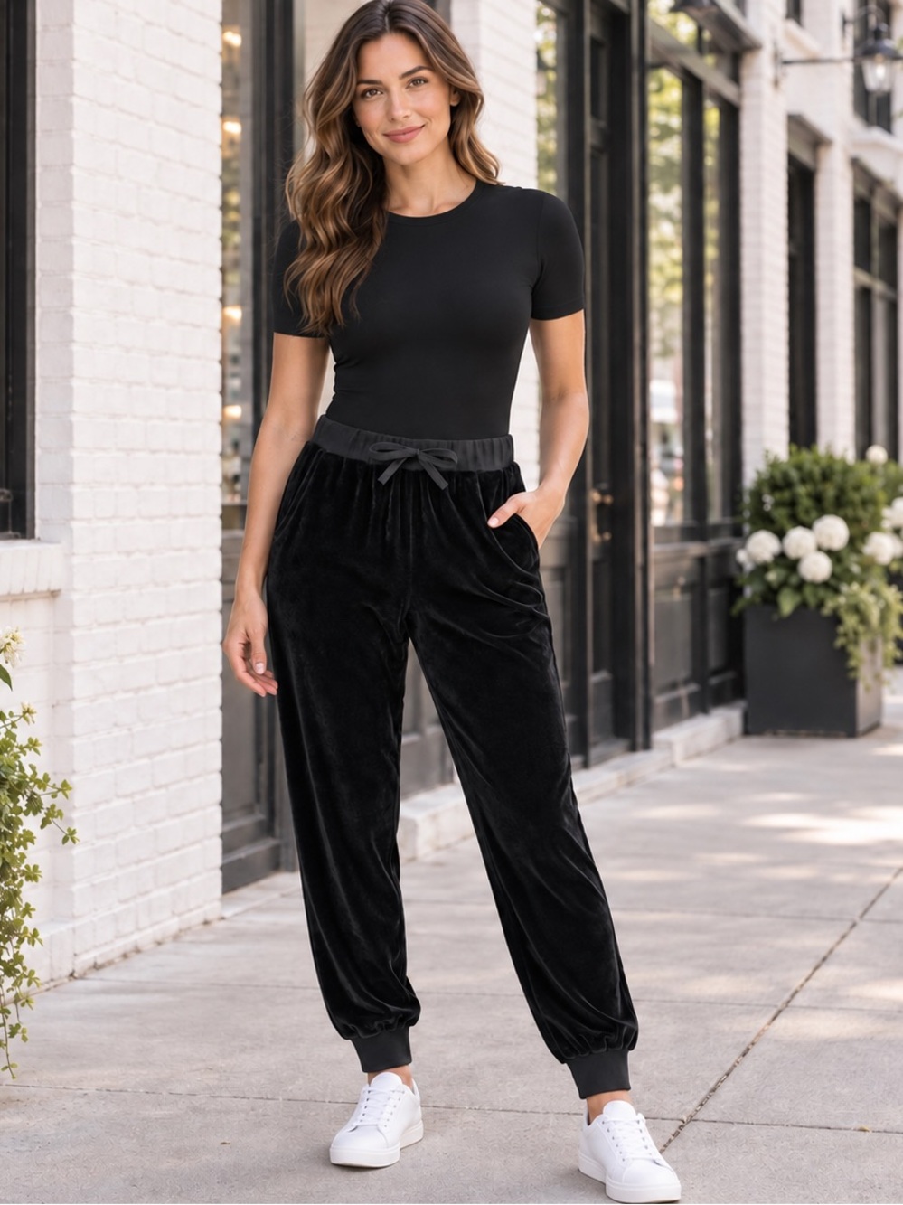 NEW Jireh Black Velvet Athleisure Side Pocket Comfy Joggers Track Sweat Pants